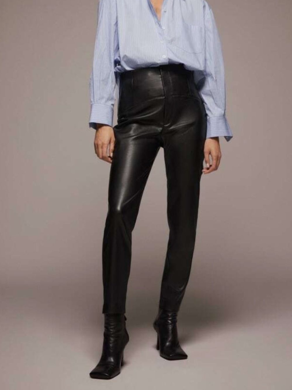 ZARA Black High-Rise Faux Leather Pants Corset Waist Tapered Leg Size Medium